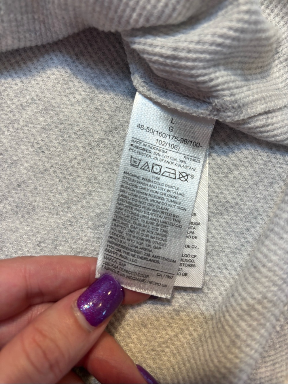 🇺🇸 GAP Thermal Top Lg Heather Light Gray Waffle Knit Long Sleeve Crewneck Cotton - Picture 9 of 12